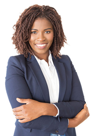 Happy woman wearing business casual with arms crossed in a relaxed position