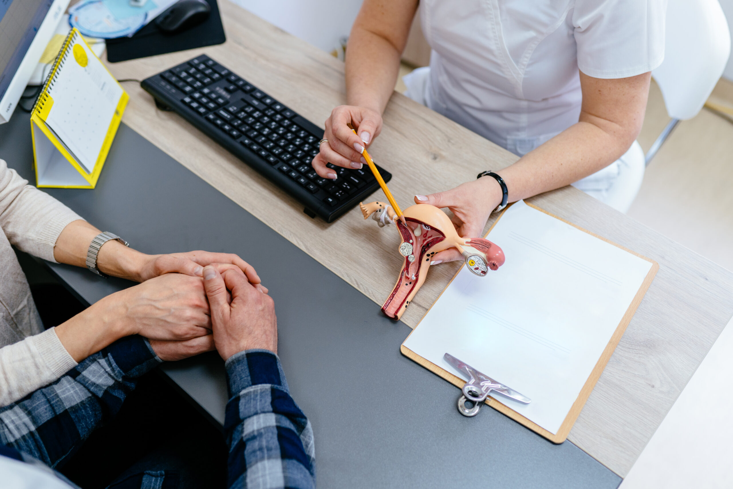 Doctor pointing to a model of the female reproductive system while a couple holds hands during a fertility consultation